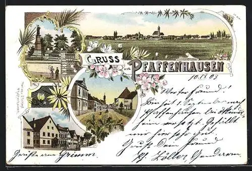 Lithographie Pfaffenhausen / Schwaben, Strassenpartie, Denkmal, Ortsansicht