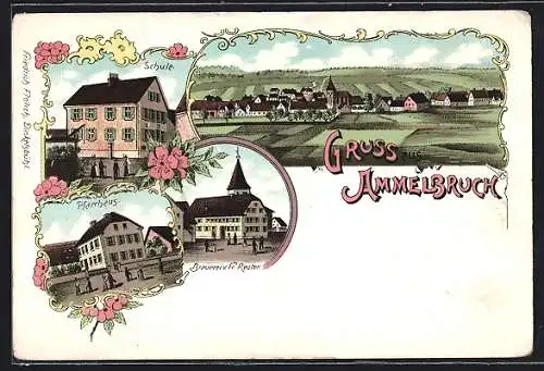 Lithographie Ammelbruch, Brauerei von Fr. Reuter, Pfarrhaus, Schule