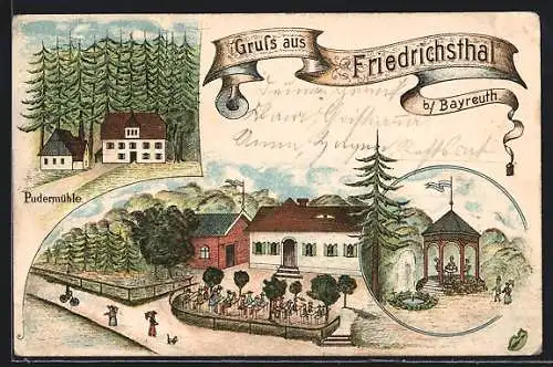 Lithographie Friedrichsthal b. Bayreuth, Pudermühle, Gasthaus, Pavillon