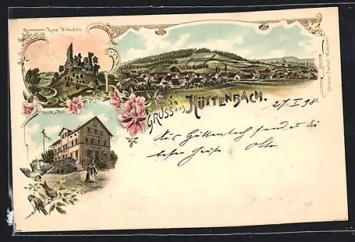 Lithographie Hüttenbach / Mfr., Gasthof zur Post, Ruine Wildenfels