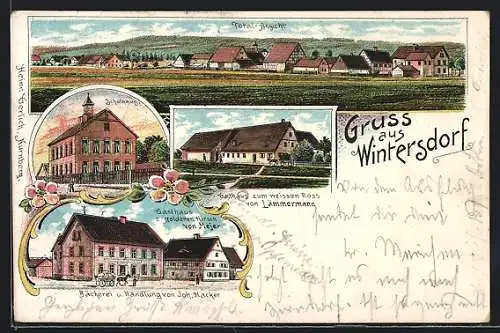 Lithographie Wintersdorf / Zirndorf, Totalansicht, Schule, Gasthaus zum goldenen Hirsch