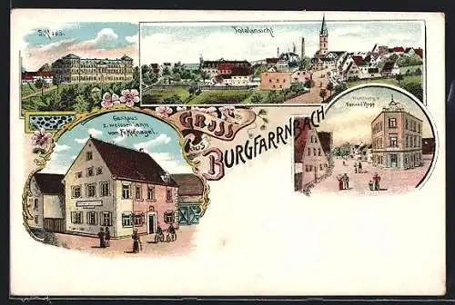 Lithographie Burgfarrnbach, Gasthaus zum weissen Lamm, Handlung von Konrad Hopp