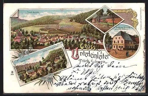 Lithographie Unterleinleiter /Fränk. Schweiz, Krollsche Brauerei und Gastwirtschaft, Krollsche Kegelbahn