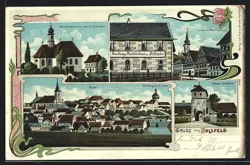 Lithographie Hollfeld, Handlung und Buchbinderei von Fr. Grohe, Unterer Marktplatz, Oberes Stadtthor