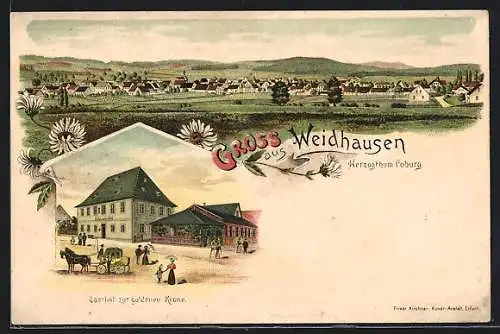Lithographie Weidhausen /Coburg, Gasthof zur goldenen Krone, Panorama