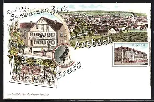 Lithographie Ansbach, Gasthaus zum Schwarzen Bock, Kgl. Schloss
