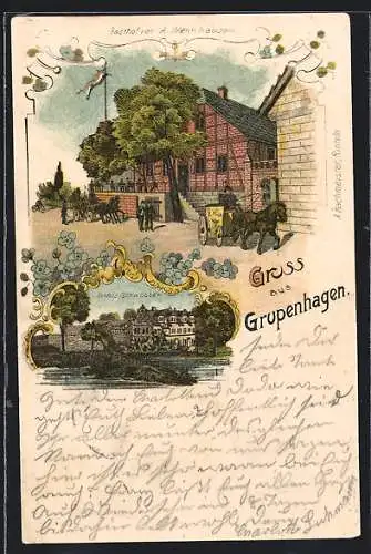 Lithographie Grupenhagen, Gasthof von A. Wenkhausen, Schloss Schwöbber