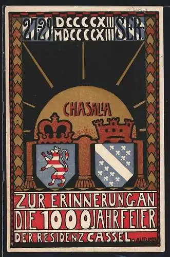Steindruck-AK Kassel, 1000 Jahrfeier 1913, Wappen der Stadt