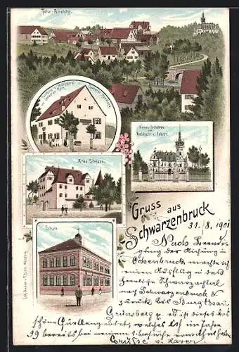 Lithographie Schwarzenbruck, Gasthaus von Sebastian Reck, Altes Schloss, Schule