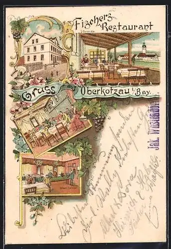 Lithographie Oberkotzau i. Bay., Fischers Restaurant, Veranda, Billard-Zimmer