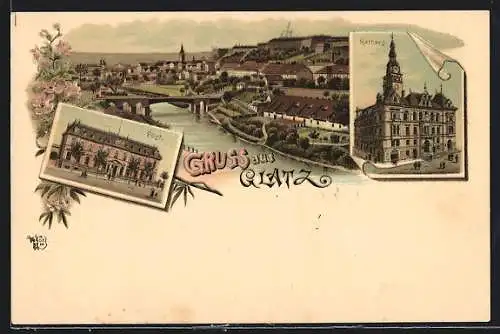 Lithographie Glatz, Rathaus, Panorama und Post