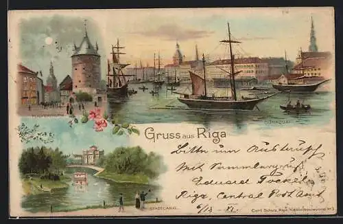Lithographie Riga, Pulverturm, Dünaquai, Stadtkanal