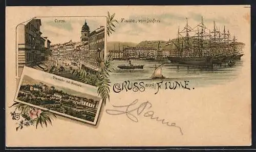 Lithographie Fiume, Hafen, Corso, Tersatto mit Schloss