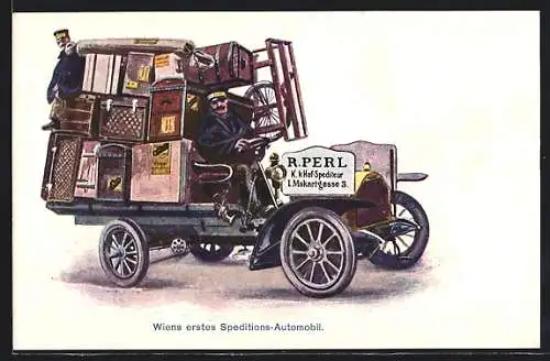 Künstler-AK Wien, R. Perl`s erster Speditions-Lastkraftwagen, Makartgasse 3