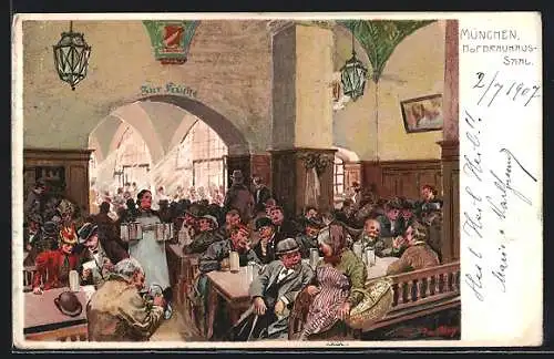 Künstler-Lithographie Paul Hey: München, Feststimmung im Hofbräuhaus