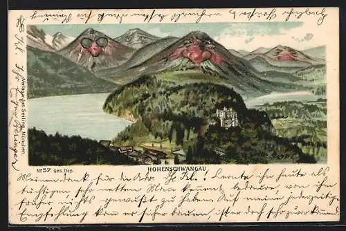 Lithographie Hohenschwangau, Seiling Nr. 57, Berg mit Gesicht / Berggesichter
