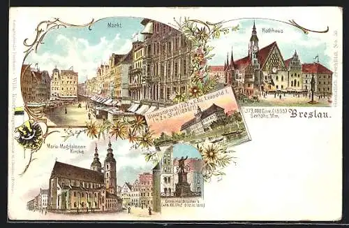 Lithographie Breslau, Markt, Rathaus, Maria-Magdalenenkirche