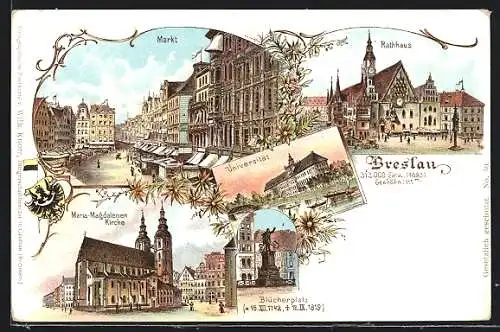 Lithographie Breslau, Markt, Maria-Magdalenen Kirche, Universität, Blücherplatz, Rathaus
