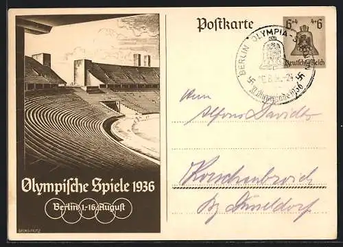 Künstler-AK Berlin, Olympische Spiele 1936, Tribünen des Stadions.