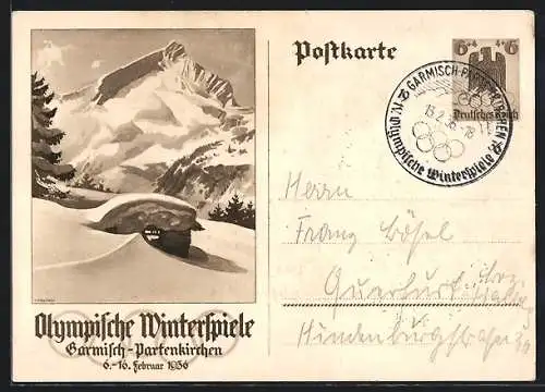 AK Garmisch-Partenkirchen, Olympische Winterspiele 1936, Verschneite Berghütte