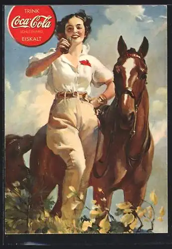 AK Reklame für Coca-Cola, Frau mit Colaflasche und Pferd
