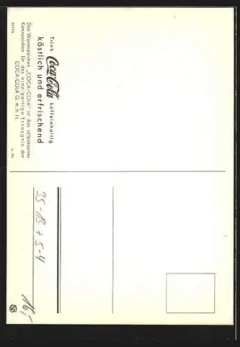 AK Reklame für Coca-Cola, Frau mit Colaflasche und Pferd