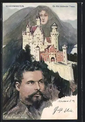 Künstler-AK Fritz Hass, Killinger Nr. 195: Neuschwanstein, Ludwig II. von Bayern, Berggesichter