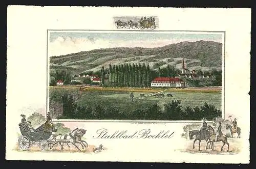 Lithographie Ganzsache Bayern PP47F3: Stahlbad Bocklet, Blick über Weiden auf den Ort