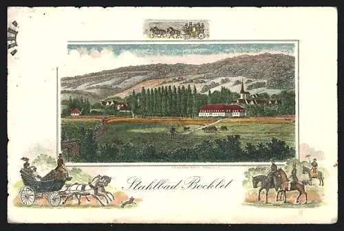 Lithographie Stahlbad Bocklet, Blick über Weiden auf den Ort, Ganzsache Bayern