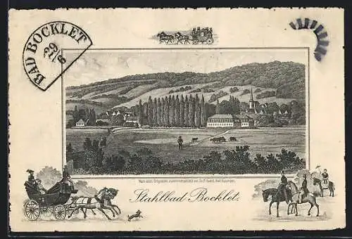 Künstler-AK Stahlbad Bocklet, Blick über Weiden auf den Ort, Kutsche, Reiter, Ganzsache