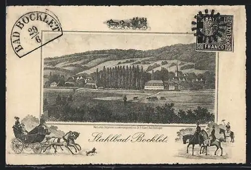 Künstler-AK Stahlbad Bocklet, Blick über Weiden auf die Ortschaft, Kutsche, Reiter, Ganzsache