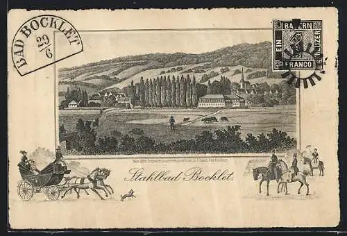 Künstler-AK Stahlbad Bocklet, Blick über Weiden auf den Ort, Kutsche und Reiter, Ganzsache