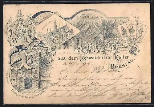 Vorläufer-Lithographie Breslau, 1895, Gasthaus Schweidnitzer Keller, Fürstensaal, Rathaus