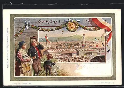 Künstler-AK Nürnberg, Volksfest, Festpostkarte, Familie blickt aufs Festgelände, Ganzsache