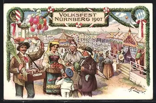Künstler-AK Ganzsache Bayern PP15C131 /02: Nürnberg, Volksfest 1907, Familie bei Bauchladenverkäufer