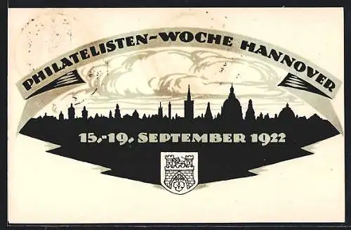 Künstler-AK Hannover, Philatelisten-Woche 1922, Stadtpanorama im Scherenschnitt, Ganzsache