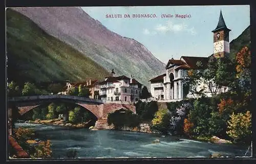 AK Bignasco (Valle Maggia), Teilansicht mit Kirche