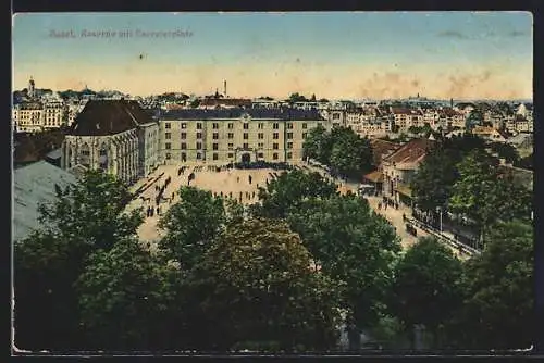AK Basel, Kaserne mit Exerzierplatz aus der Vogelschau