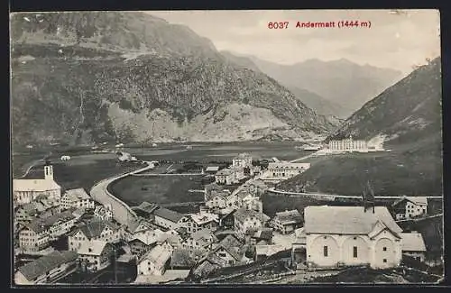 AK Andermatt, Ortsansicht mit Kirche und Landstrasse aus der Vogelschau
