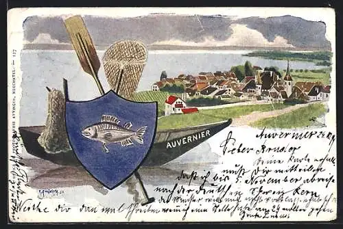 Künstler-AK Auvernier, Blick zu dem Fischerdorf am See