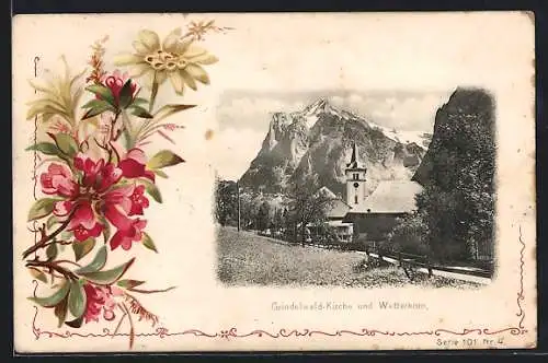 Lithographie Grindelwald, Kirche und Wetterhorn
