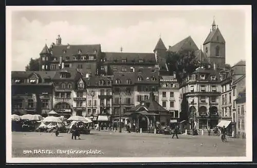 AK Basel, Barfüsserplatz mit Verkaufsständen