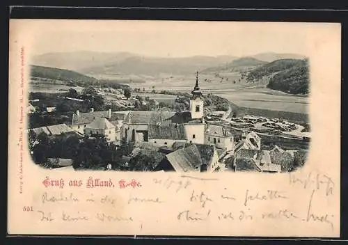 AK Alland, Teilansicht mit Kirche, Blick in die Landschaft
