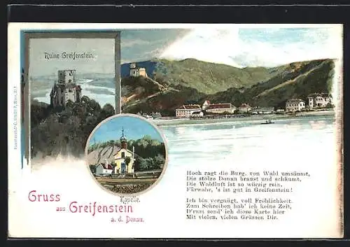 AK Greifenstein a. d. Donau, Ruine Greifenstein, Kapelle, Uferpartie mit Eisenbahn