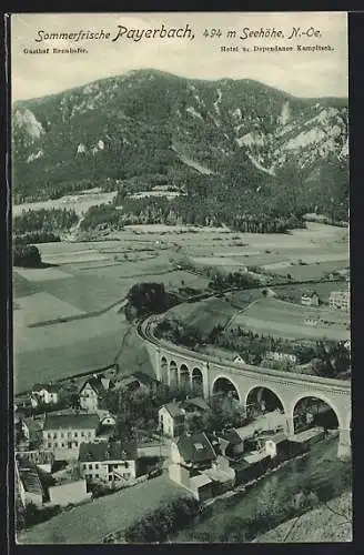 AK Payerbach, Ortsansicht mit Eisenbahnbrücke aus der Vogelschau