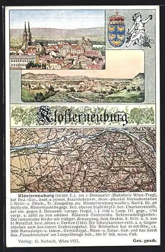 Künstler-AK Klosterneuburg, Totalansicht, Landkarte