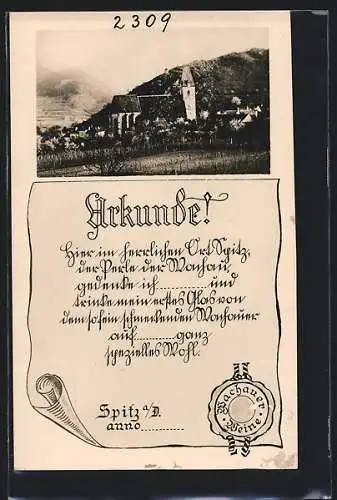 AK Spitz a. D., Ortsansicht mit Kirche, Urkunde