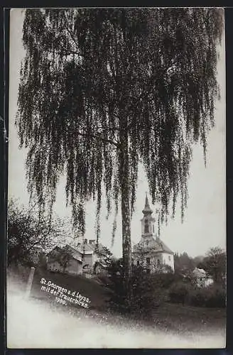 AK St. Georgen an der Leys, Ortspartie mit der Pfarrkirche hll. Georg u. Gregor der Grosse