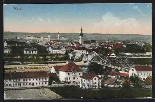 AK Wels, Totalansicht von einem Berg aus