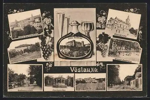 AK Vöslau, Hotel Zwierschütz, Kursalon, Badenerstrasse, Hotel Bellevue, Waldvillen, Pfarrkirche und Bahnstrasse